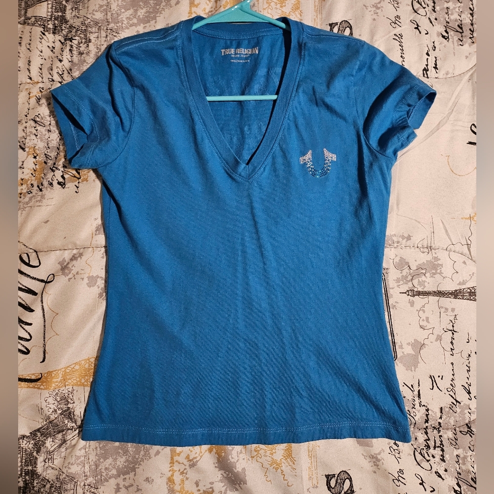 True Religion Women's Blue V-Neck Top